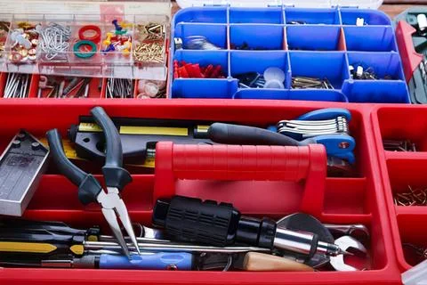 Firefighter toolbox with tools and equipment Stock Photos