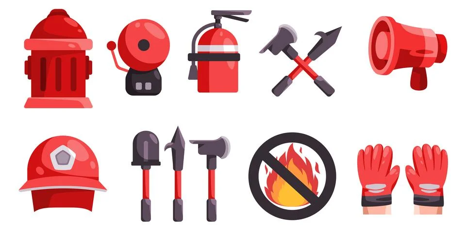 Firefighter tools collection set icon objects no fire sign megaphone shovel fire Stock Illustration