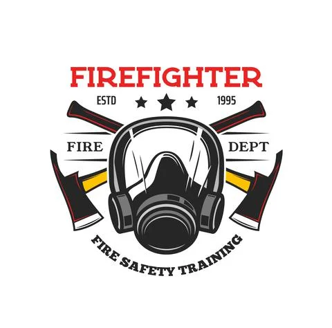 Firefighter tools heraldic icon. Fireman mask, axe Stock Illustration