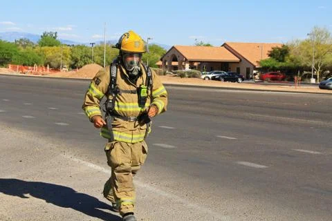 Firefighter Training in Protective Suit Foto stock