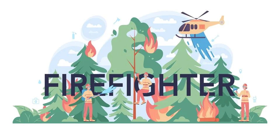 Firefighter typographic header. Professional fire brigade firhting with flame. Stock Illustration