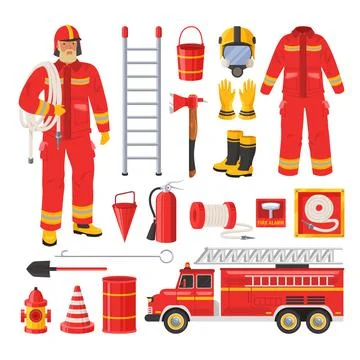 Firefighter uniform and equipment set, flat vector illustration. Fireman, red Stock Illustration