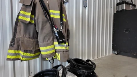 Firefighter uniform hanging on the wall of the fire hall Stock Footage 330984002
