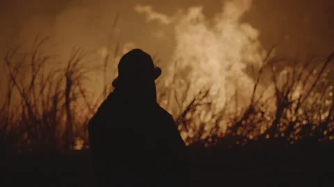 Firefighter watching bush fire flames with intense heat Stock Footage 247319514