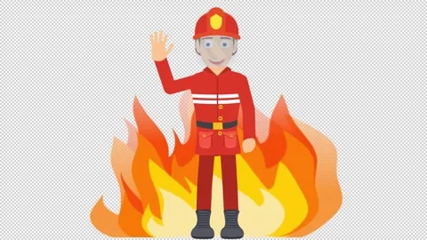A firefighter waving in front of a fire. Firefighter animation. Cartoon Video stock 345021358