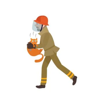 Firefighter Wearing Protective Uniform and Mask Rescuing Cat from Fire, Freman Stock Illustration