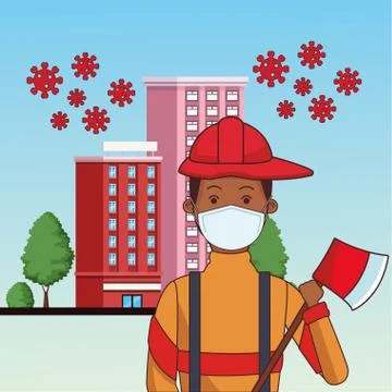 Firefighter worker profession using face mask Illustrazione stock