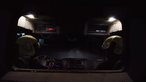 Firefighters in action, fast driving fire truck. View from inside firetruck. Stock Footage 128774676