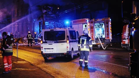 Firefighters At Blast Site - Emergency Response In Agenskalns Riga Latvia Stock Footage 344078202