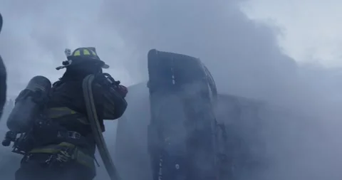 Firefighters At Car Fire Roll Over Accident Smoke Slow Motion Stock Footage 244435809