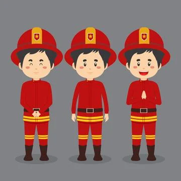 Firefighters Character with Various Expression Stock Illustration