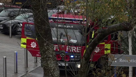 Firefighters Climb Back On Board A Fire Engine Behind A Tree Stock Footage 321807945