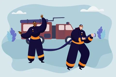 Firefighters of different races at work. Multinationality. Stock Illustration