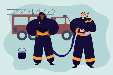 Firefighters of different races at work. Multinationality. Stock Illustration