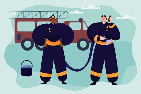 Firefighters of different races at work. Multinationality. Illustrazione stock