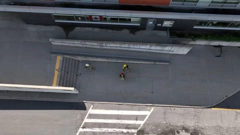 Firefighters entering a building top down view Stock Footage 330983957