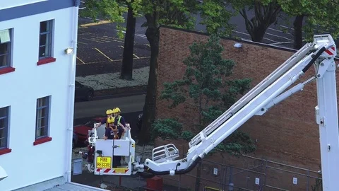 Firefighters exercise on a fire engine ladder Video stock 73978685
