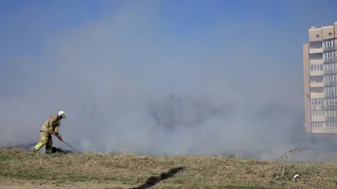 Firefighters extinguish dry grass Stock Footage 130206097