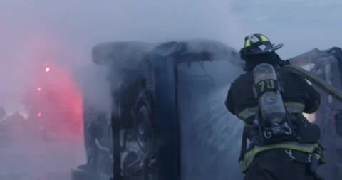 Firefighters Extinguish Mini Van Car Fire Automobile Accident Stock Footage 244432588
