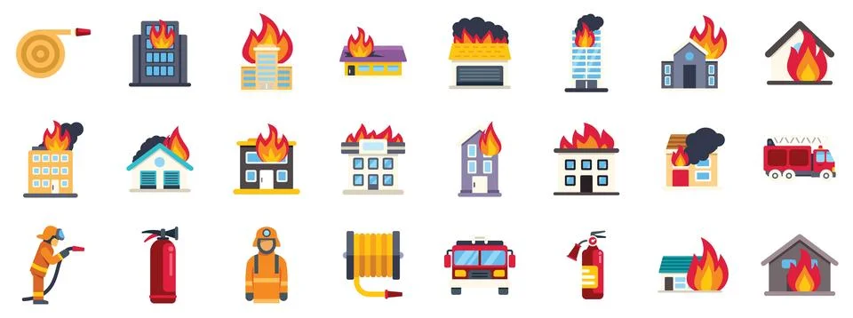 Firefighters extinguishing building on fire, using extinguisher and water hos Ilustración de archivo