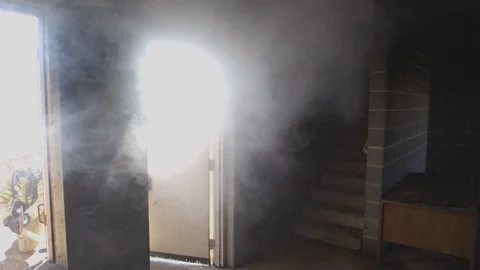Firefighters Fighting Fire Flames in Burning Building Stock Footage 121267886