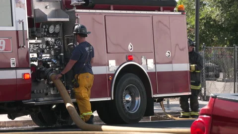 Firefighters Putting Out Large Fire - Stockton, CA Stock Footage 189648031
