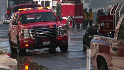 Firefighters Putting Out Large Fire - Stockton, CA Stock Footage 189655699