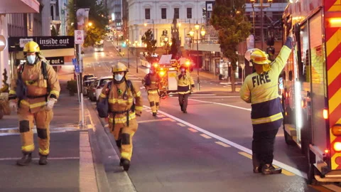 Firefighters Return Hand Held Stock Footage 170165323
