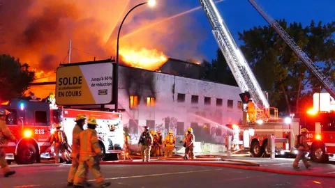Firefighters, structure fire and flames Stock Footage 115970315