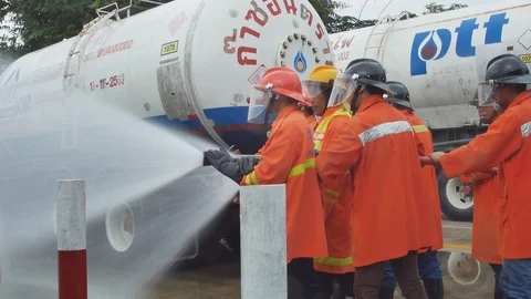Firefighters training, Disaster training exercise depicting gas station. Video stock 94396374