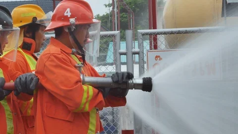 Firefighters training, Disaster training exercise depicting gas station. Stock Footage 94396457