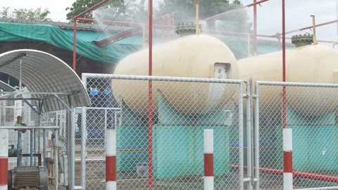 Firefighters training Disaster training exercise depicting gas station. Video stock 94398212