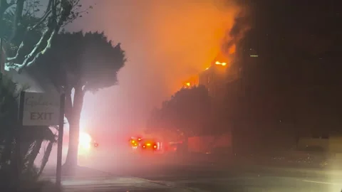 Firefighters trying to control the fire in heavy wind, night in Los Angeles, USA Stock Footage 298287739