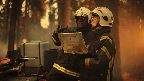 Firefighters Using Laptop Computer in Wildland Fire Stock Footage 224553598