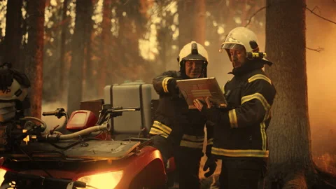 Firefighters Using Laptop Computer in Wildland Fire Stock Footage 224554757