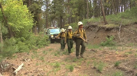 Firefighters walking in front of truck down mountain road Stock Footage 40954269
