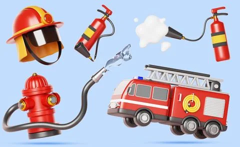 Firefighting equipment 3d render icon set. Firefighter helmet, fire truck with Illustrazione stock