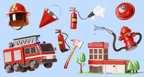 Firefighting equipment 3d render icon set. Fire station building, emergency Stock Illustration