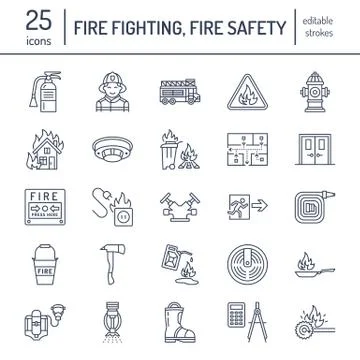 Firefighting, fire safety equipment flat line icons. Firefighter, fire engine 스톡 일러스트