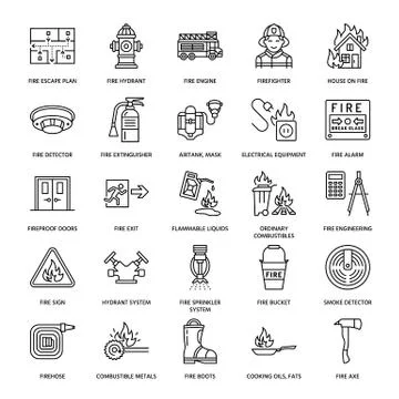 Firefighting, fire safety equipment flat line icons. Firefighter, fire engine Stock Illustration