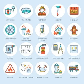 Firefighting, fire safety equipment flat line icons. Firefighter, fire engine Illustrazione stock