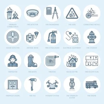 Firefighting, fire safety equipment flat line icons. Firefighter, fire engine Illustrazione stock