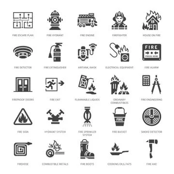 Firefighting, fire safety equipment flat glyph icons. Firefighter car Illustrazione stock
