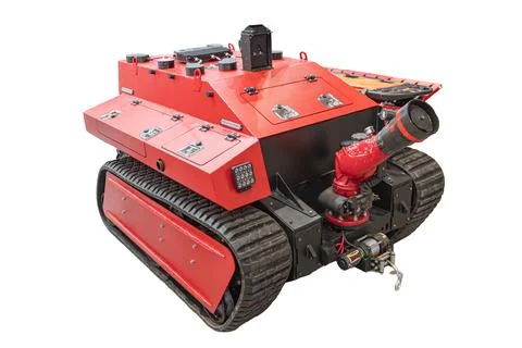 Firefighting robot with advanced sensors, red body, black tracks, industrial  Stock Photos