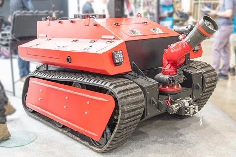 Firefighting robot on display, mounted turret camera, rugged tracks for ter.. Stock Photos