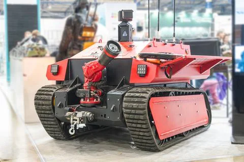 Firefighting robot with robust design and articulated arm, showcasing mecha.. Stock Photos
