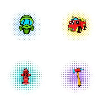 Firefighting safety equipment icons collection comic style イラスト素材