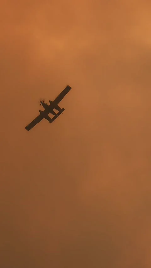 Firefighting seaplane silhouette flying through wildfire smoke Vidéo 340420172