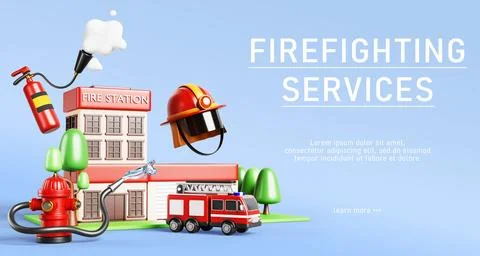 Firefighting services 3d banner with fire station building, red emergency rescue Ilustración de archivo