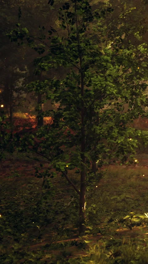 Fireflies gather around trees in a forest during evening hours Stock Footage 339108006